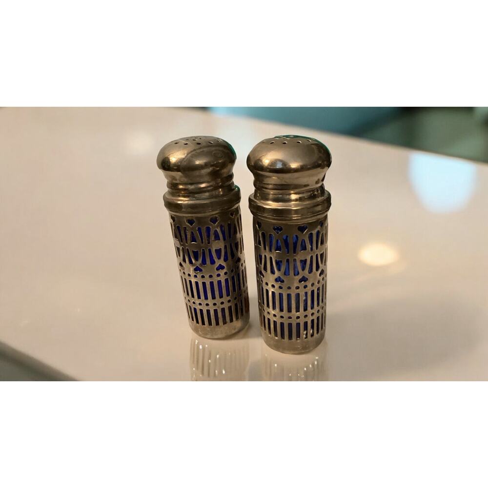 Vintage Silver Cobalt Blue Salt & Pepper Shakers Silver Plate Filigree UK Set